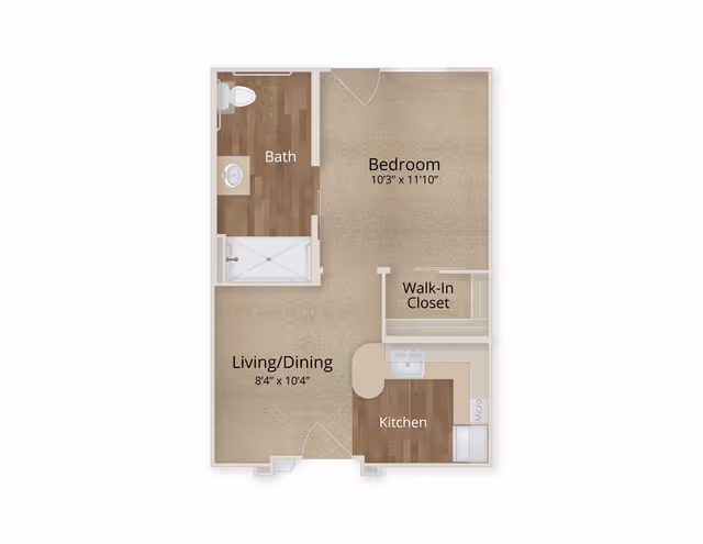 Top-down floor plan of a one-bedroom apartment showing a bedroom, bath, walk-in closet, living/dining area, and kitchen with labeled dimensions.
