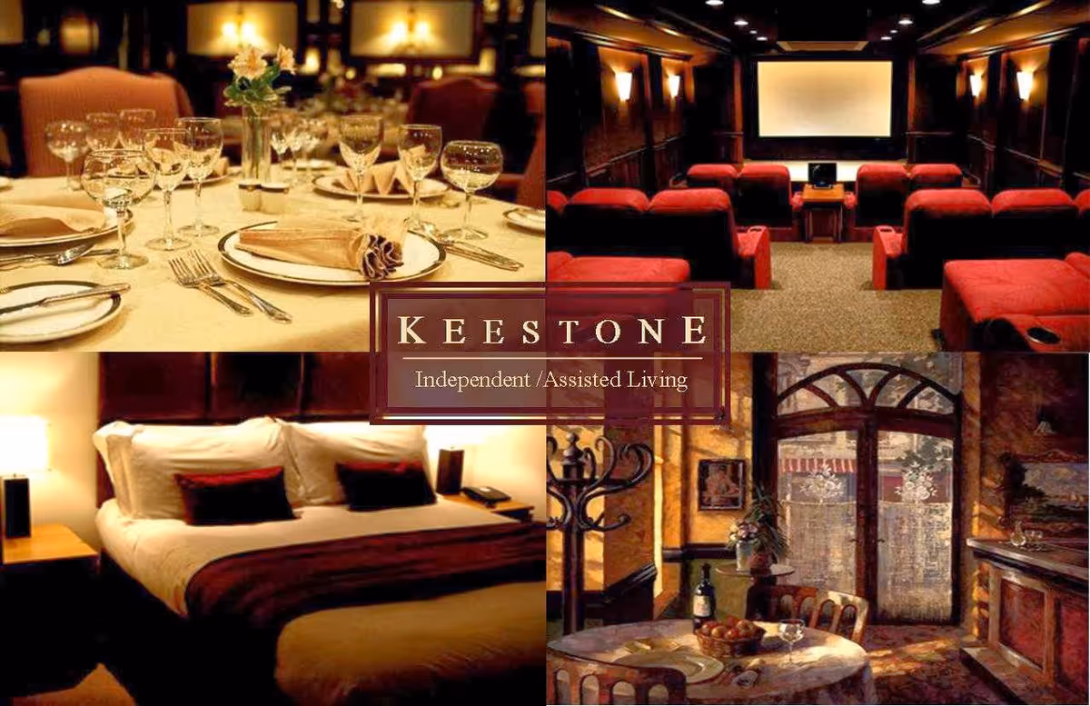 Collage of warm, upscale interior scenes at a senior living facility showing a set dining table, a small theater with red recliners, a bedroom, and an entry dining nook with an overlaid logo.