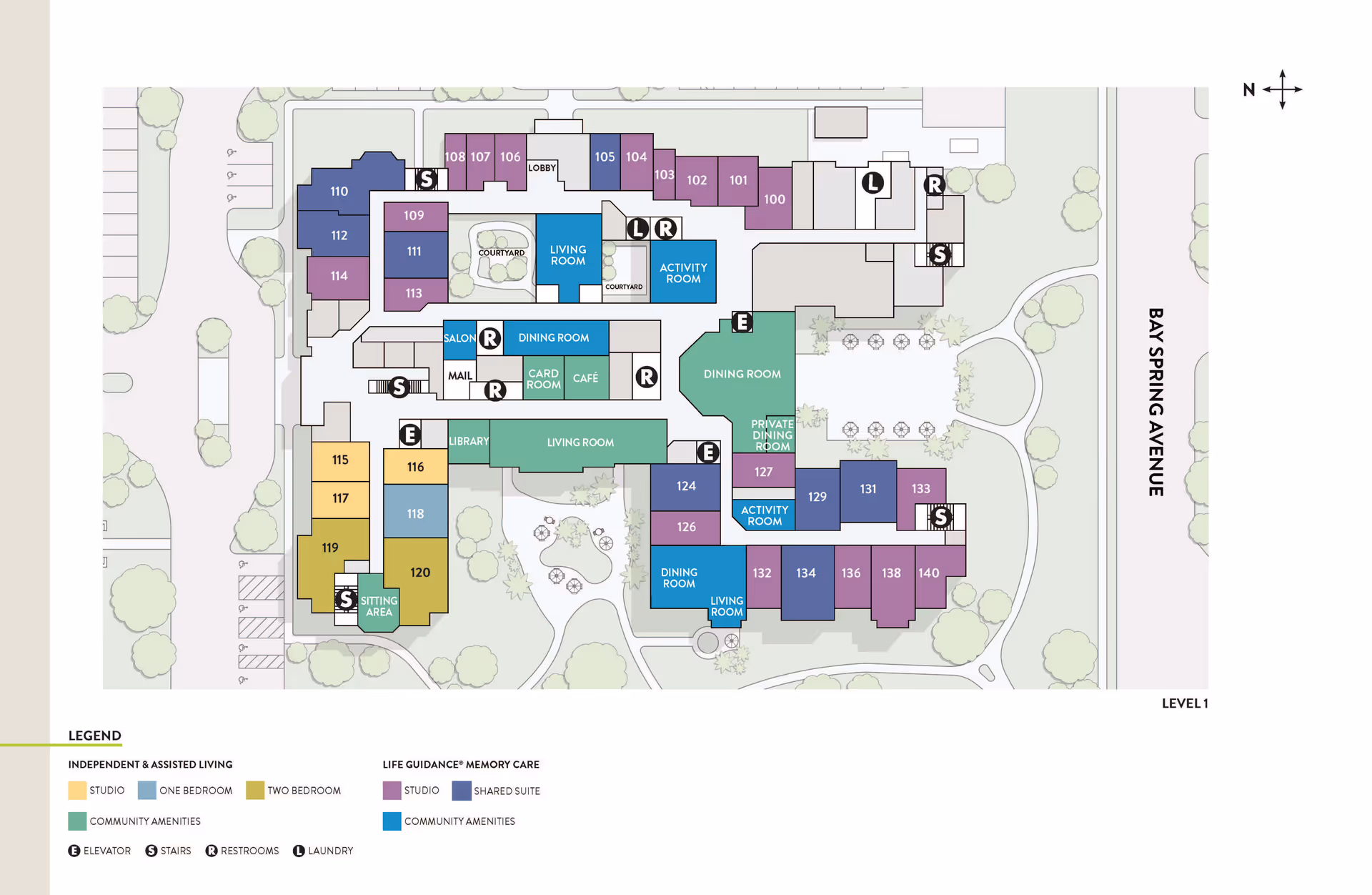 Floor plan of Atria Bay Spring Village Level 1 showing various rooms including studios, one-bedroom and two-bedroom units, community amenities such as living rooms, dining rooms, activity rooms, a library, café, card room, salon, mail area, and private dining room. The layout also indicates locations of elevators, stairs, restrooms, and laundry areas. The plan is oriented with Bay Spring Avenue on the right side and includes a legend for unit types and amenities.