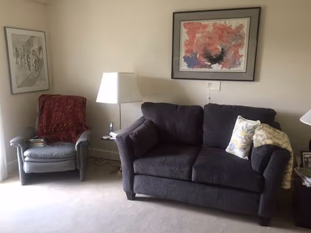 A cozy living room area with a dark gray loveseat adorned with two decorative pillows and a light-colored throw blanket. To the left is a gray armchair with a red throw draped over it and a couple of books on the armrest. Between the loveseat and armchair is a white floor lamp. Two framed artworks hang on the beige walls above the furniture.