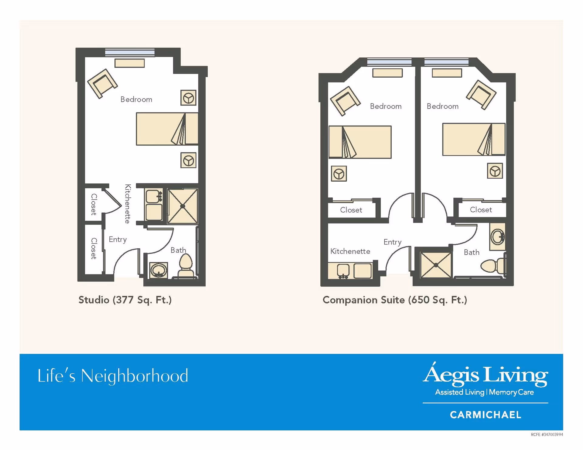Floor plans for Aegis Living Carmichael showing two types of living spaces: a Studio with 377 square feet featuring a bedroom, kitchenette, bath, and closets; and a Companion Suite with 650 square feet featuring two bedrooms, a kitchenette, bath, closets, and an entry area.