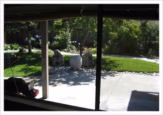 View through a window of a sunny outdoor courtyard with lawn, rocks, and a planter.