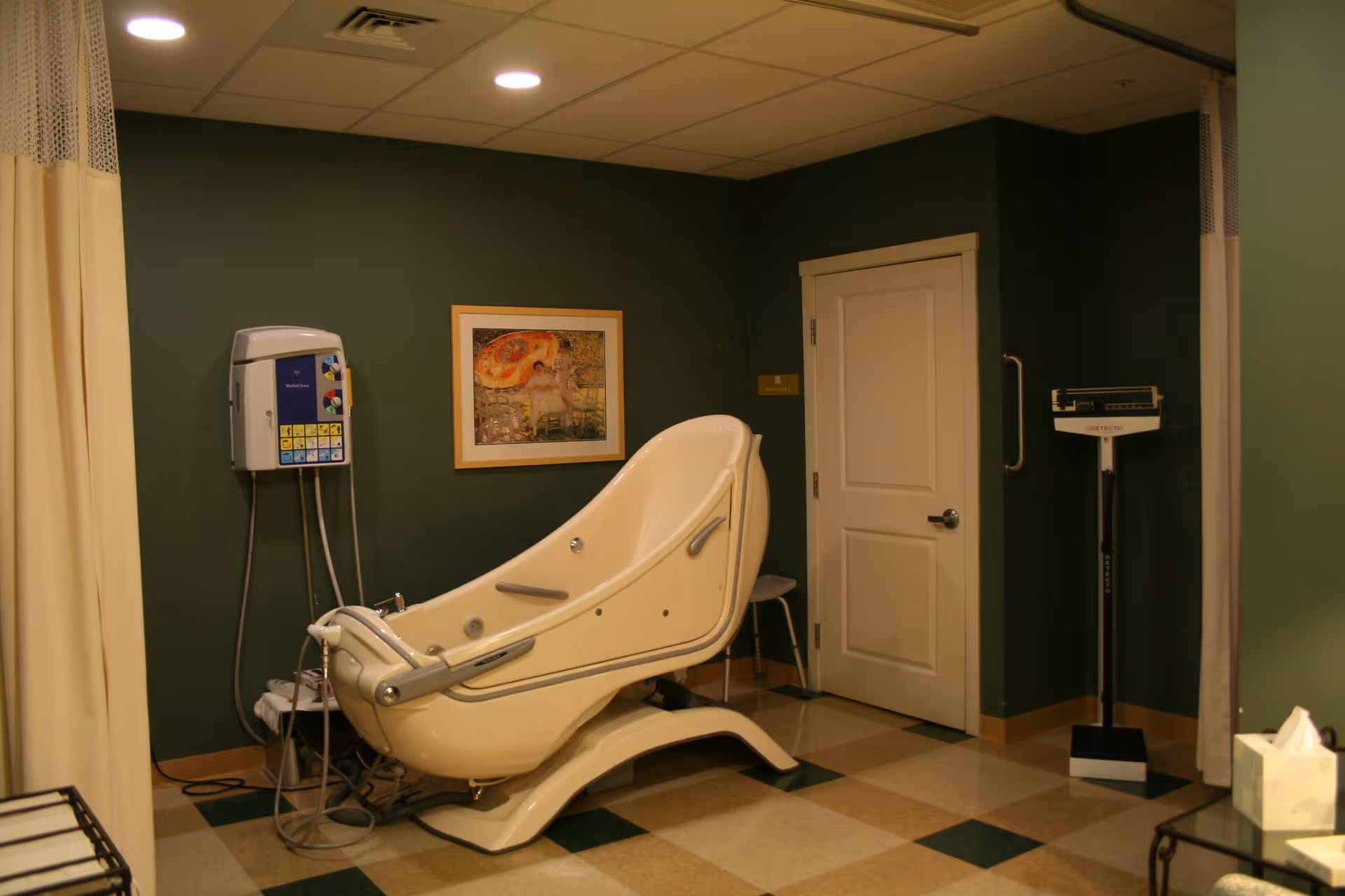 A private assisted-living bathing room with a reclining medical bathtub, a scale, and green-painted walls.