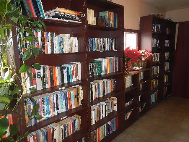 Interior view of a room with multiple dark wooden bookshelves filled with books. There are green plants on the left side and a window with red flowers on the windowsill. The floor is tiled and the room is well-lit with natural light.