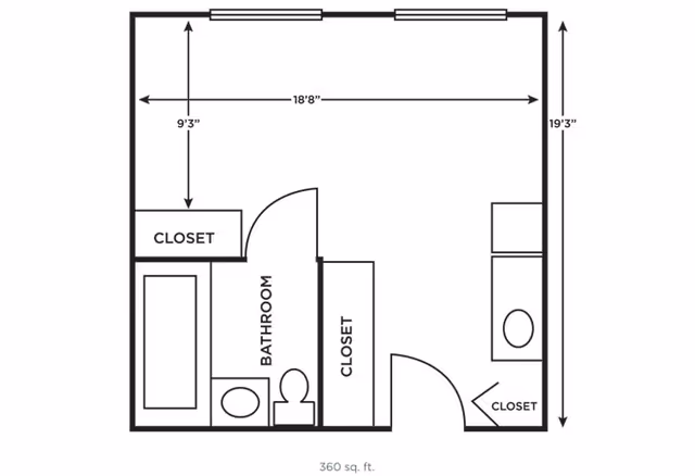 Floor plan of a 360 square foot living space showing a bathroom with a bathtub, toilet, and sink, two closets, and an open main area with dimensions 18 feet 8 inches by 19 feet 3 inches.