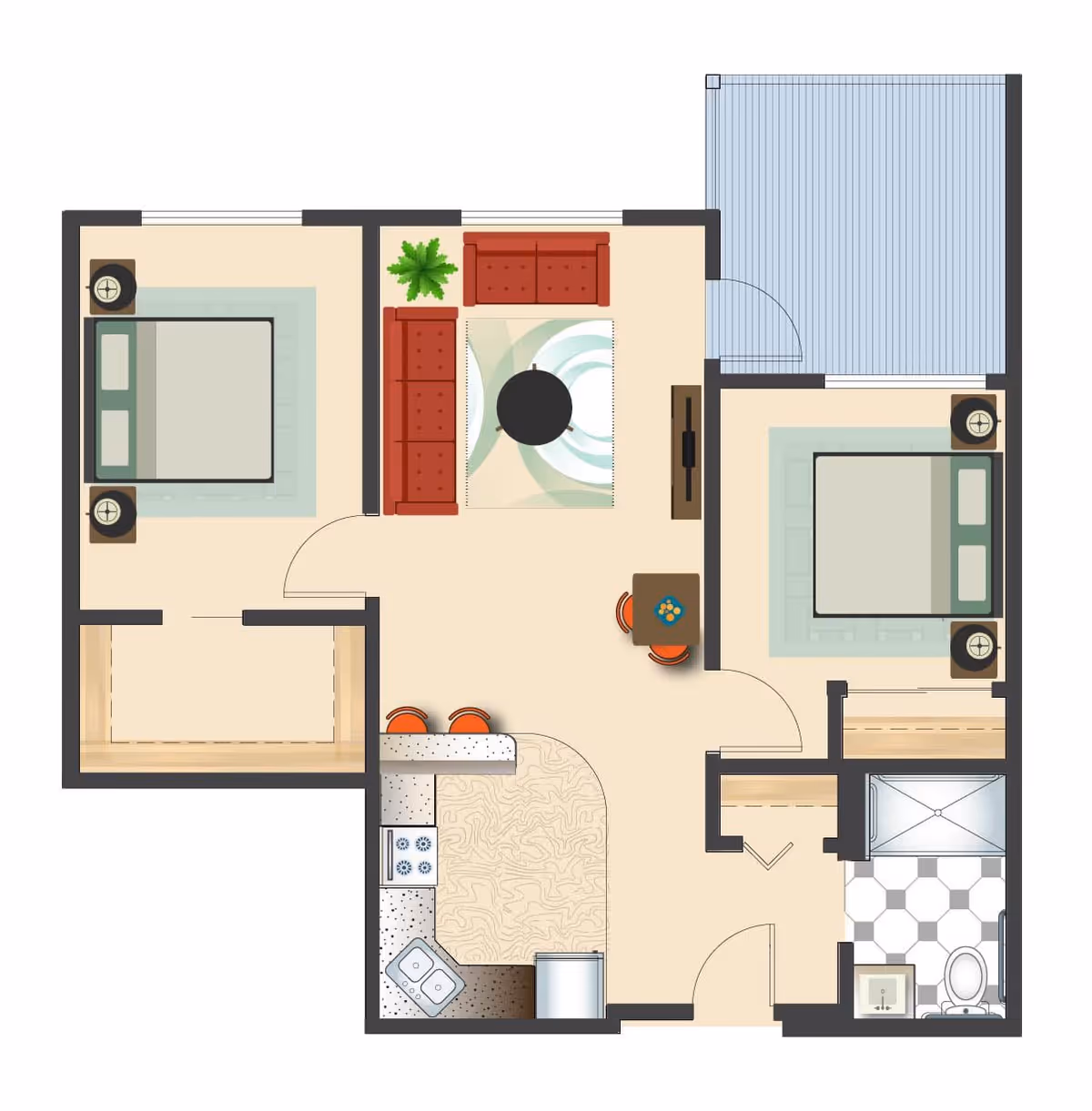 Floor plan of a two-bedroom apartment featuring a living room with two red sofas and a round coffee table, a kitchen with a stove, sink, and refrigerator, a small dining area with two chairs, a bathroom with a shower, toilet, and sink, and a balcony accessible from the living room.