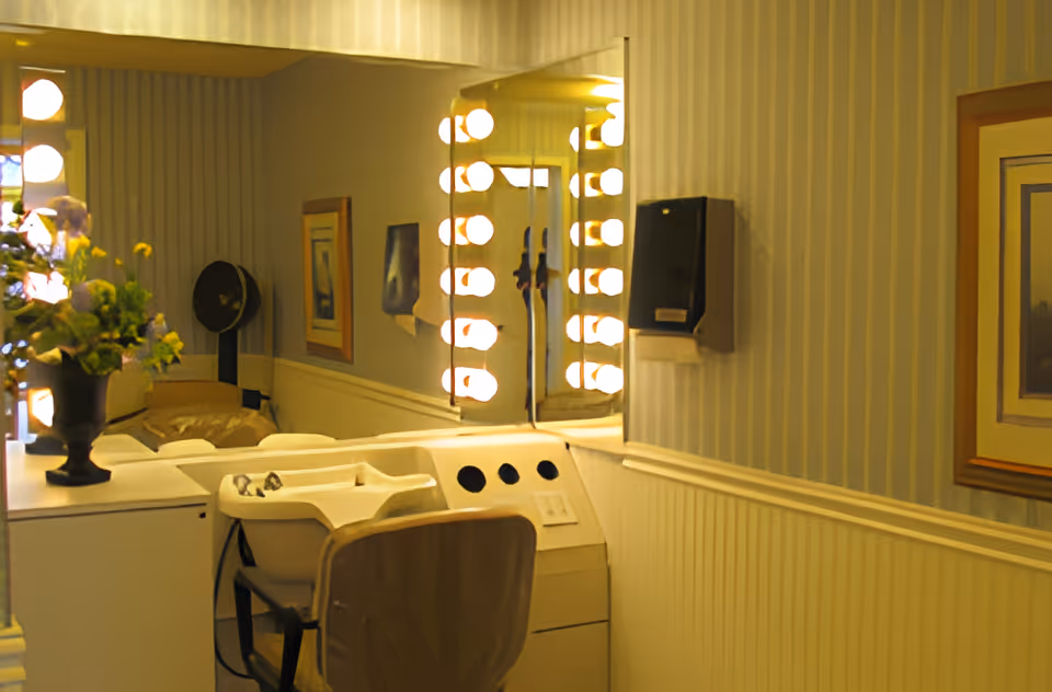 Interior view of a salon or grooming area with a white sink and chair in front of a large mirror surrounded by round vanity lights. There is a vase with flowers on the counter, a wall-mounted paper towel dispenser, framed artwork on the wall, and a hair dryer in the background.