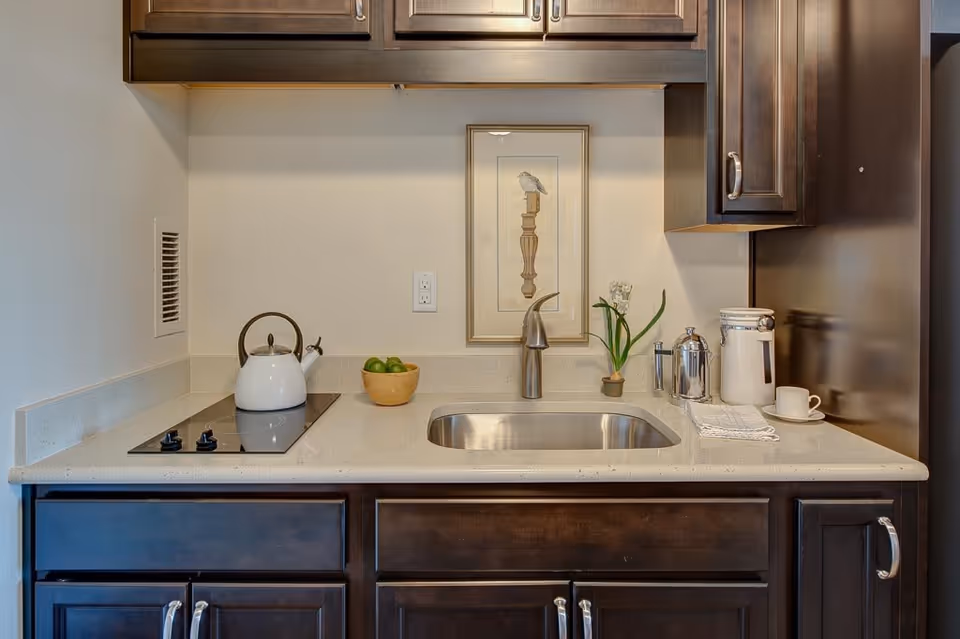 A kitchen countertop with a built-in sink and stovetop. On the counter, there is a white kettle, a bowl of green apples, a small potted plant, a French press coffee maker, a container, a cup and saucer, and a folded cloth. Above the counter are dark wooden cabinets and a framed picture on the wall.
