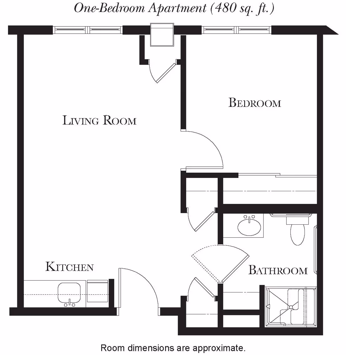 Floor plan of a one-bedroom apartment measuring 480 square feet, showing a living room, kitchen, bedroom, and bathroom with approximate room dimensions.