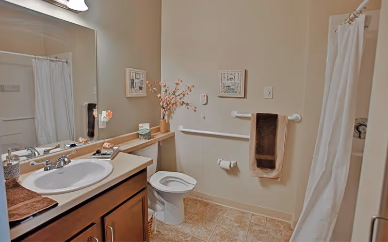 A clean and well-lit bathroom with a white sink and countertop on a wooden vanity, a toilet with grab bars on the wall, a shower with a white curtain, and decorative framed pictures and a vase with flowers on a shelf above the toilet.