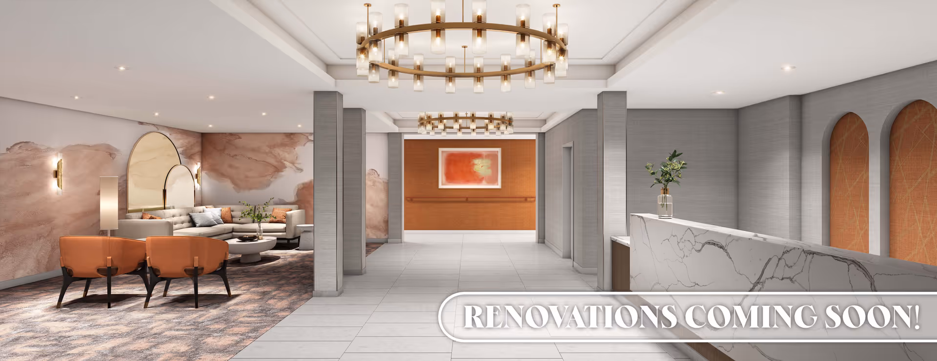Modern lobby with a marble reception desk, seating area with chairs and sofas, chandeliers, and decorative wall art.