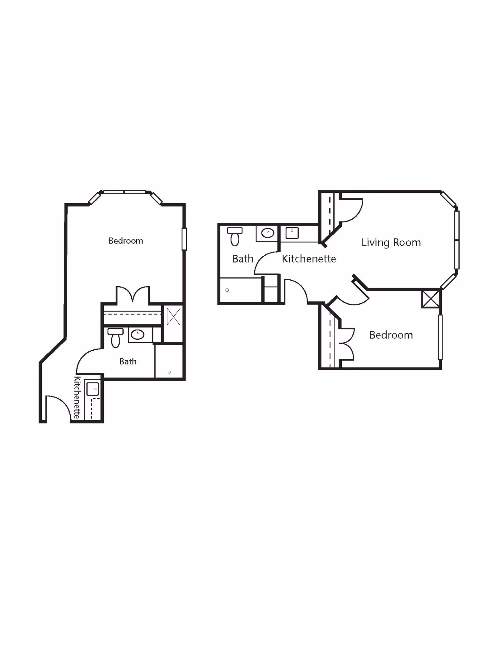 Architectural floor plan showing two separate apartment layouts. Each layout includes a bedroom, bath, and kitchenette. One layout also features a living room.