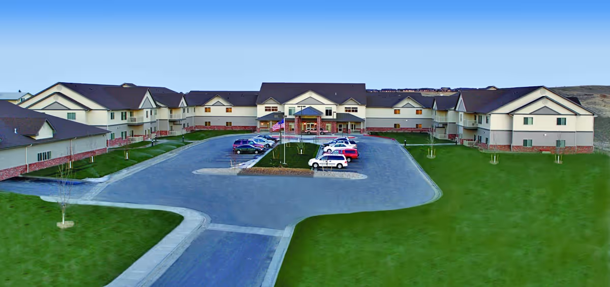 Aerial view of Primrose Retirement Community of Mansfield showing the building and surrounding landscaping.