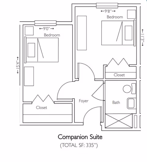 Architectural floor plan of a companion suite showing two bedrooms, each with a bed and closet, a foyer, and a bathroom. Dimensions for rooms are indicated, and the total square footage is 335.