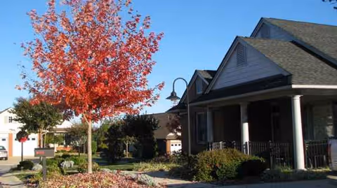 Exterior view of Twin Lakes Community Memory Care with a red autumn tree and covered porch.