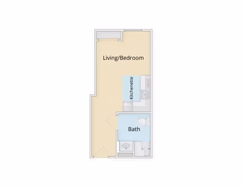 Simple studio floor plan showing a combined living/bedroom area, kitchenette, and bathroom.