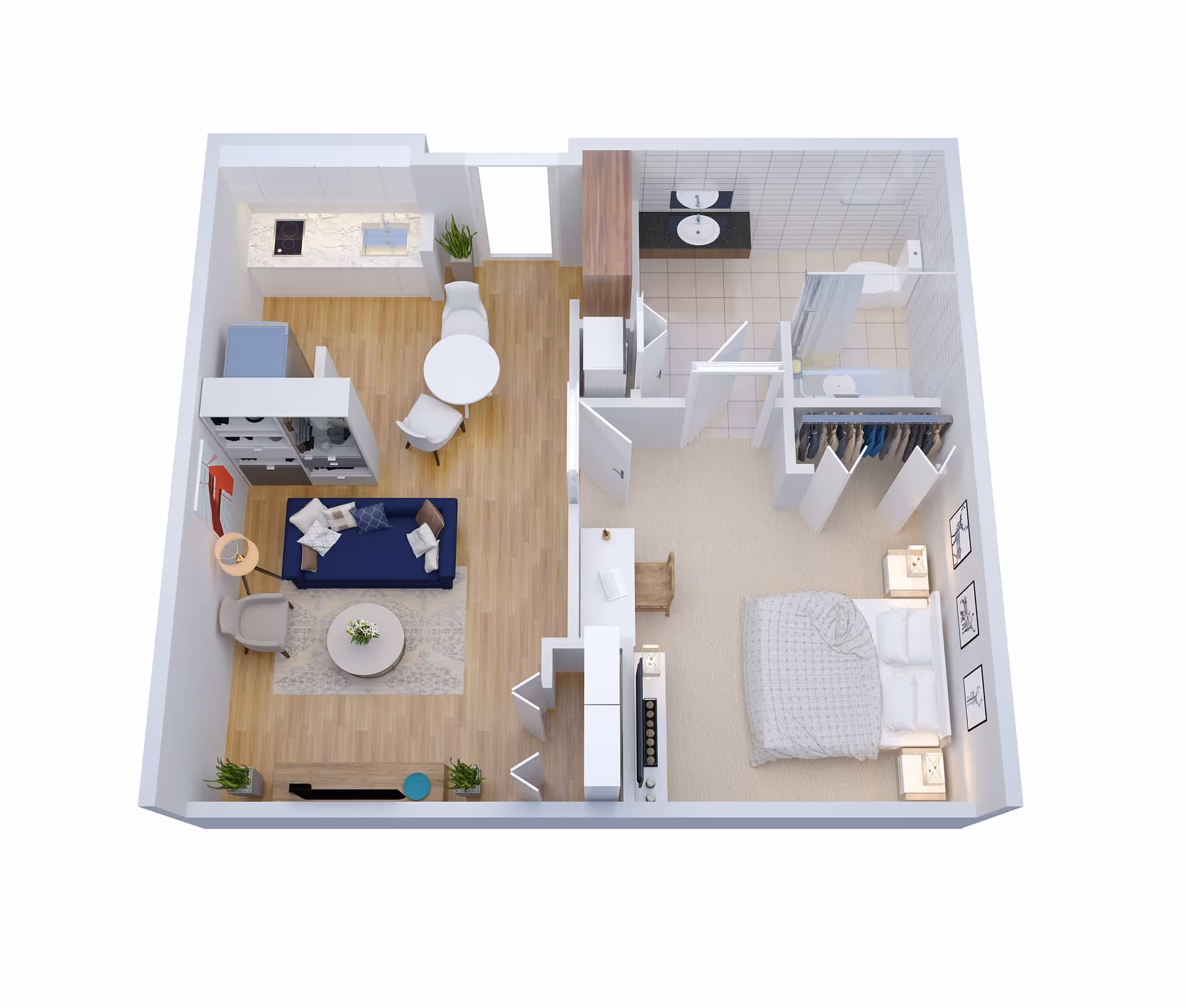 3D floor plan of a one-bedroom apartment showing a living room, kitchen with dining area, bedroom, bathroom, and closets.