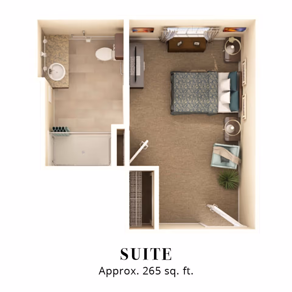 Top-down floor plan of a small 265 sq. ft. suite showing a bedroom with bed, dresser and seating, an adjacent bathroom with shower and sink, and a closet.