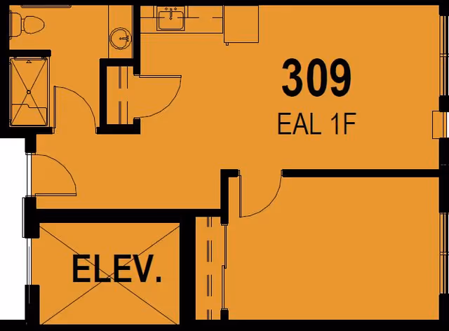 Architectural floor plan of a facility room labeled 309 with an elevator, bathroom, and sink area.