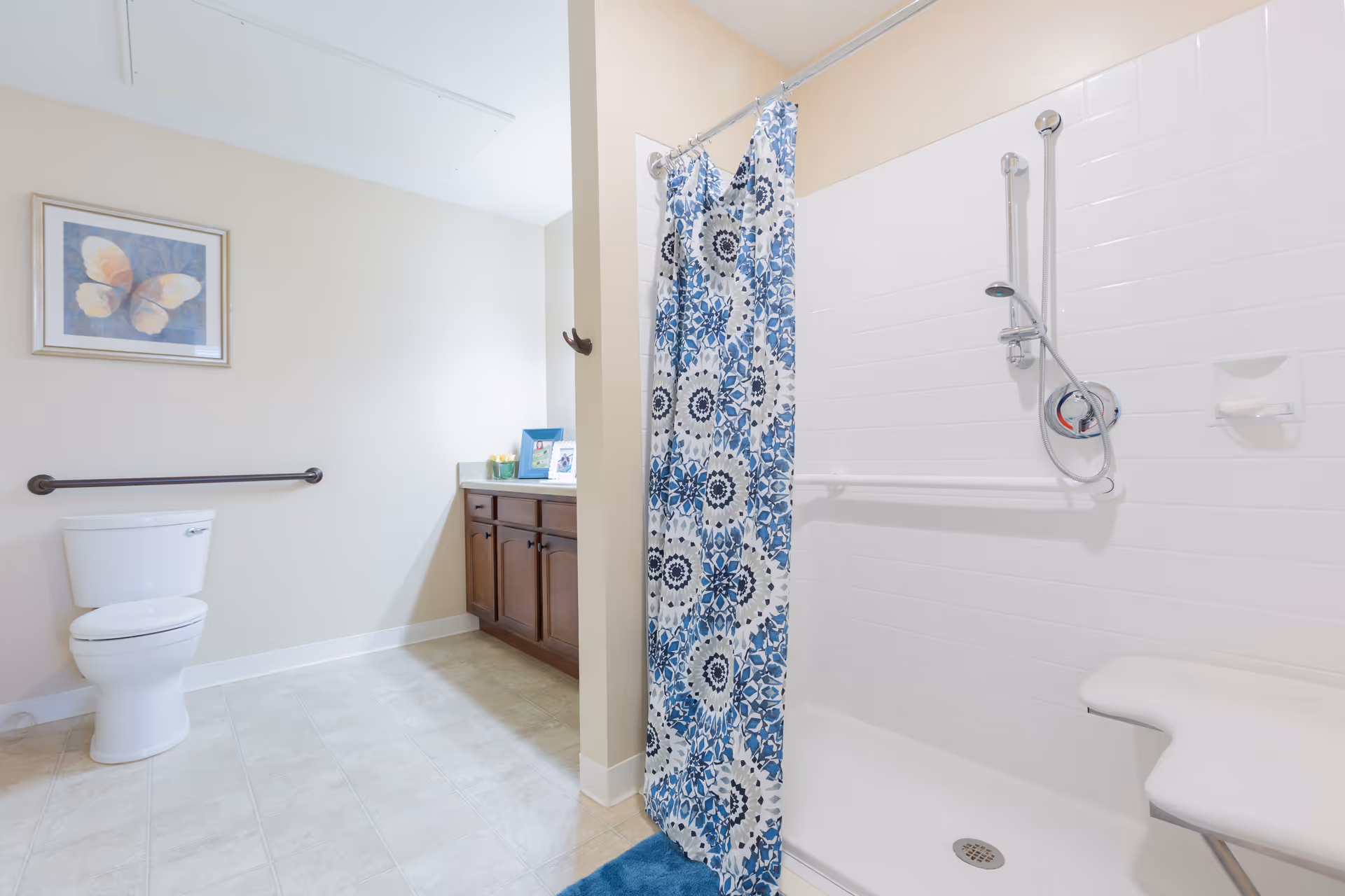 A bright bathroom with a white toilet, a grab bar on the wall, a wooden vanity with a countertop, and a shower area with a blue and white patterned curtain. The shower has a handheld showerhead, a grab bar, and a white shower seat. A framed butterfly picture hangs on the wall above the toilet.