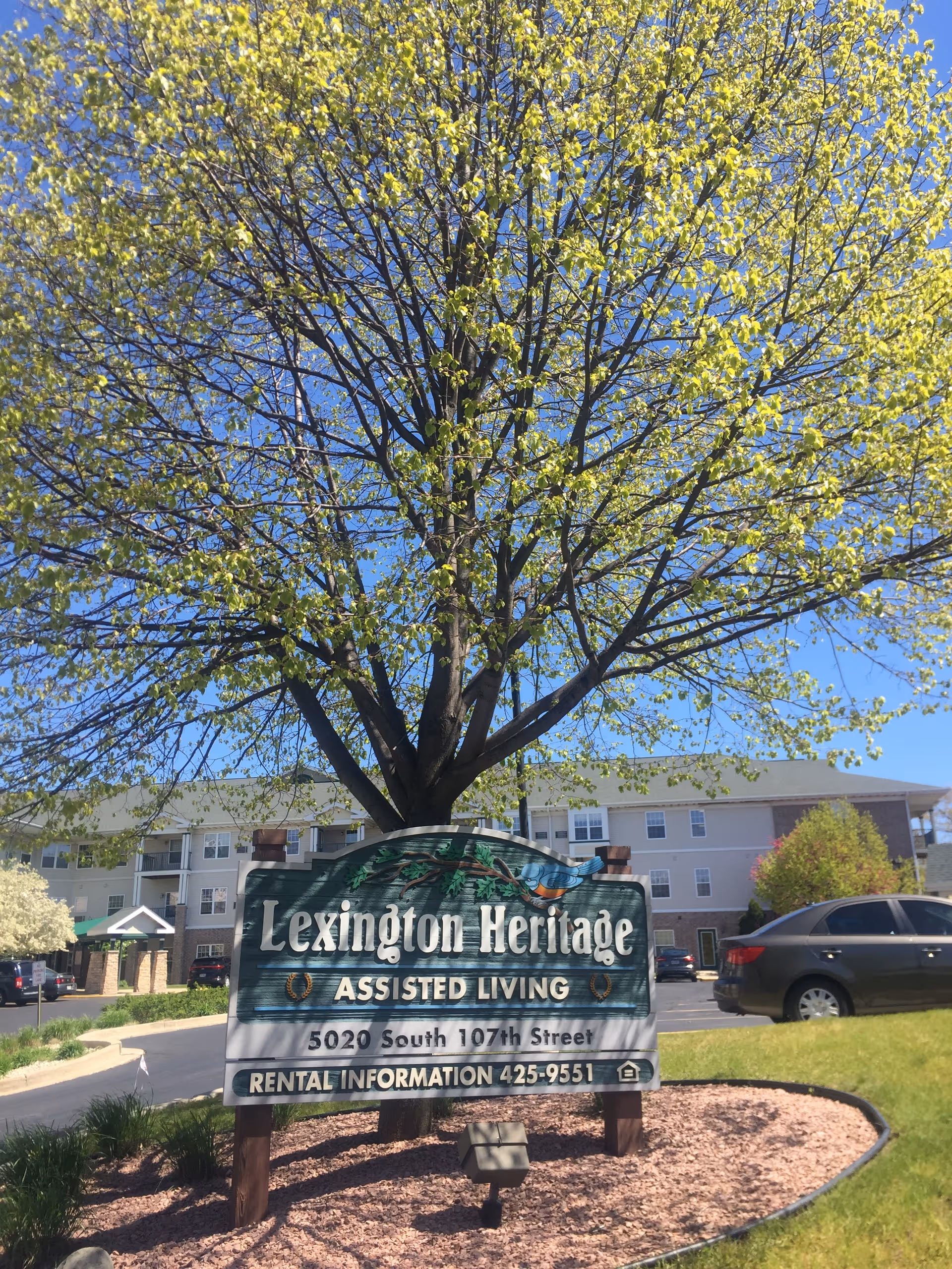 Sign reading 'Lexington Heritage Assisted Living' in front of a leafy tree with the facility building and parked cars behind it.