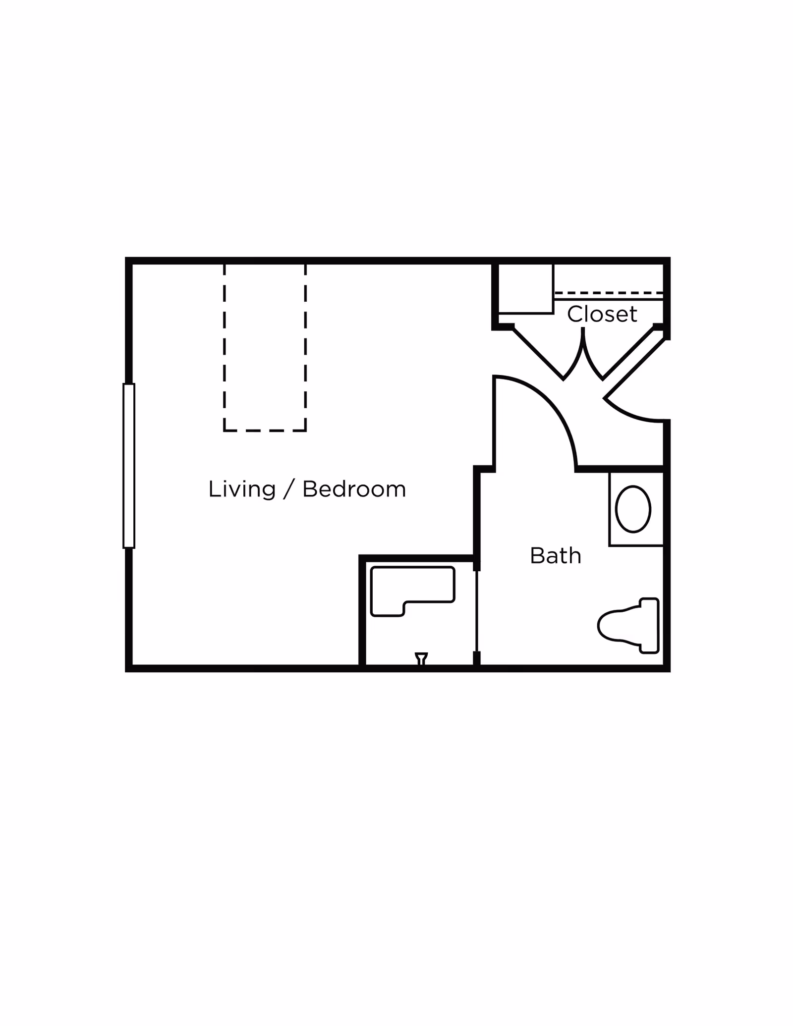 Floor plan layout showing a combined living and bedroom area, a bathroom with a toilet and sink, and a closet near the entrance.