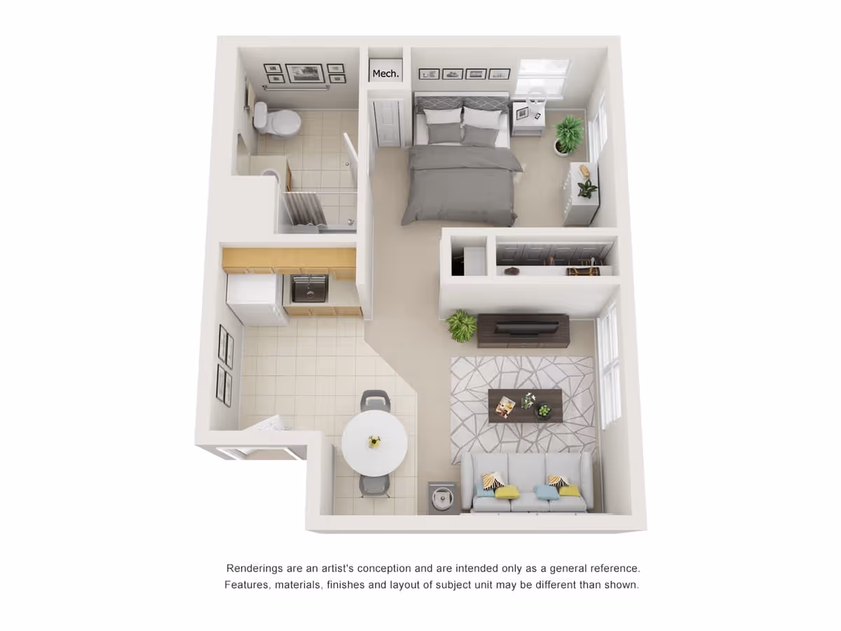 3D floor plan of a one-bedroom apartment featuring a bedroom with a double bed, a bathroom with a shower, a kitchen with appliances and cabinets, a dining area with a round table and chairs, and a living room with a sofa, coffee table, TV, and plants.