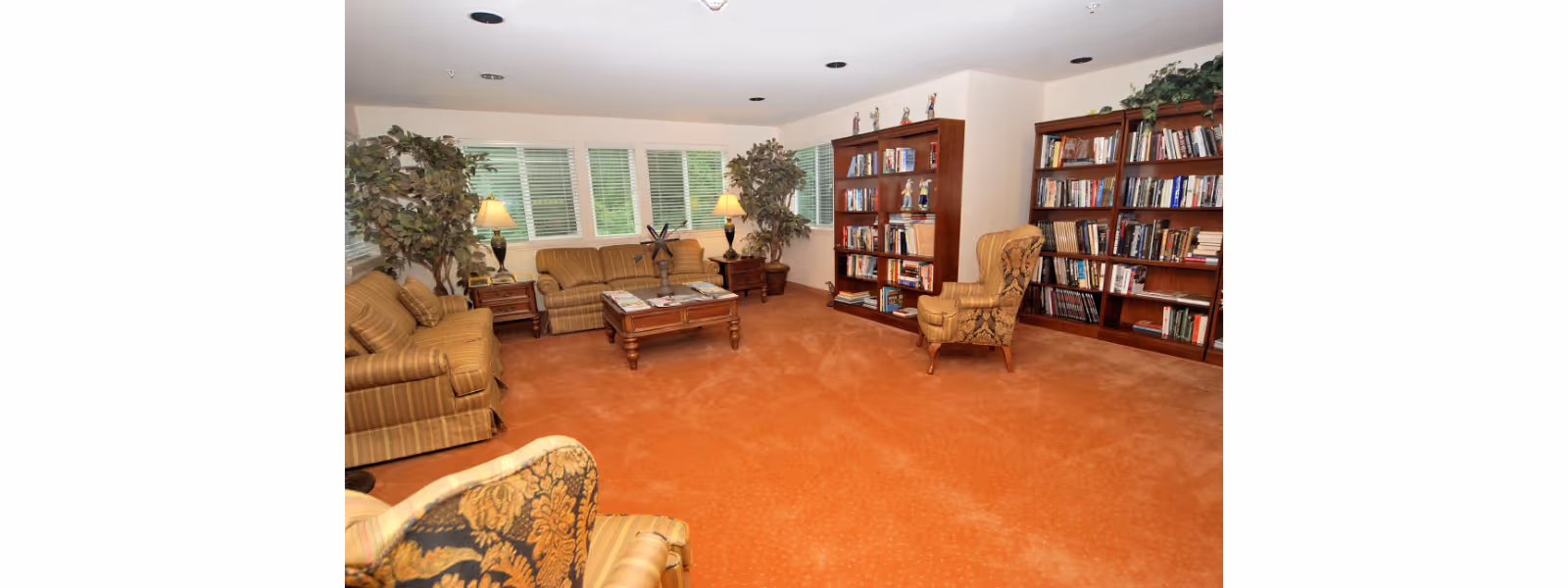 A cozy living room with orange carpet, two striped sofas, two armchairs with floral patterns, a wooden coffee table with magazines, two large potted plants, two table lamps, and two wooden bookshelves filled with books and decorative items.