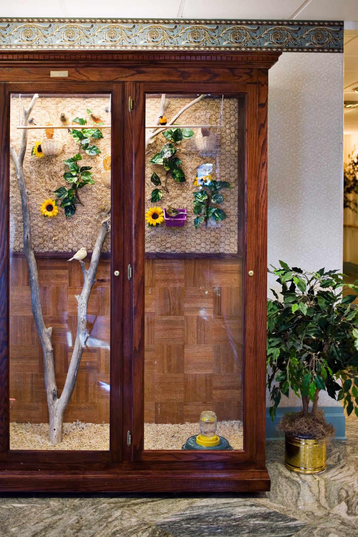 A wooden display cabinet with glass doors containing a decorative bird habitat setup, including branches, artificial green leaves, sunflowers, and a small bird figurine. To the right of the cabinet is a potted plant with green leaves in a gold-colored pot. The background shows a patterned wallpaper and part of an indoor space.
