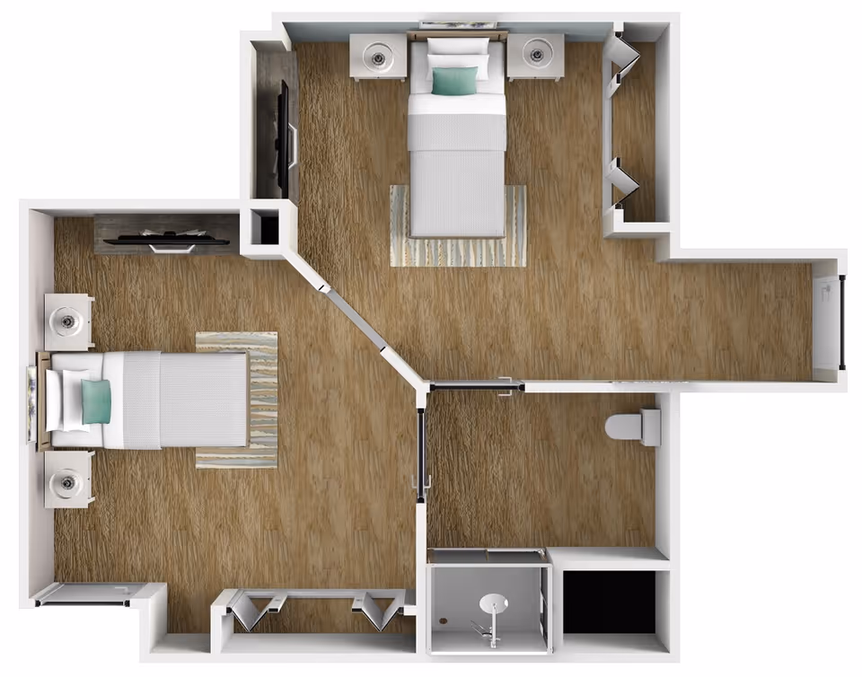 Top-down two-bedroom floor plan with wood flooring, bathroom, closets and furnishings.