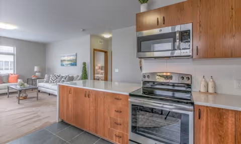 Open-plan kitchen with stainless steel stove and microwave, wood cabinets and a countertop island overlooking a living room with sofa and coffee table.