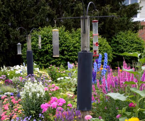 A vibrant garden filled with various colorful flowers including pink, purple, white, and yellow blooms. Several bird feeders hang from wooden posts above the flowers, with dense green foliage and a building partially visible in the background.
