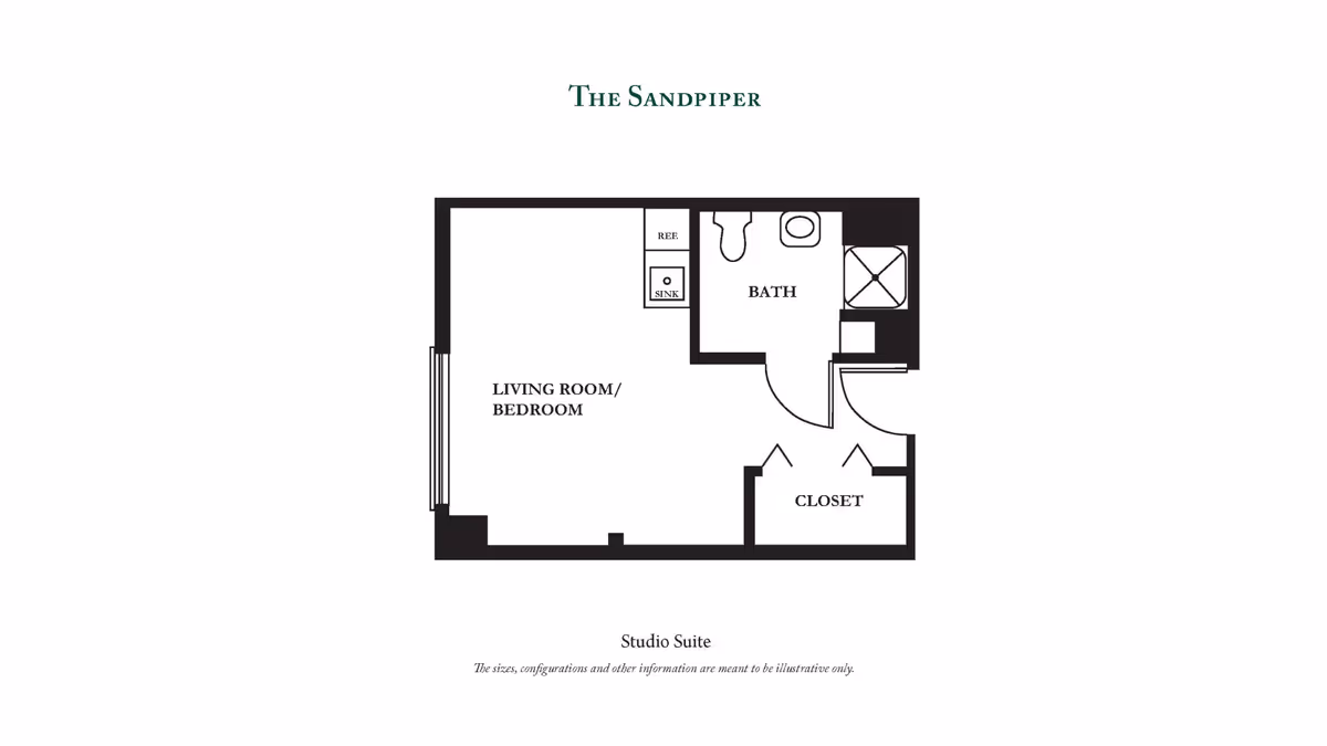 Floor plan of The Sandpiper studio suite at Brandywine Mountain Ridge by Monarch, showing a combined living room and bedroom area, a bathroom with a toilet, sink, and shower, and a closet near the entrance.