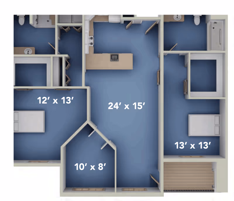 Top-down floor plan of an apartment with labeled room dimensions and kitchen and bathroom areas.