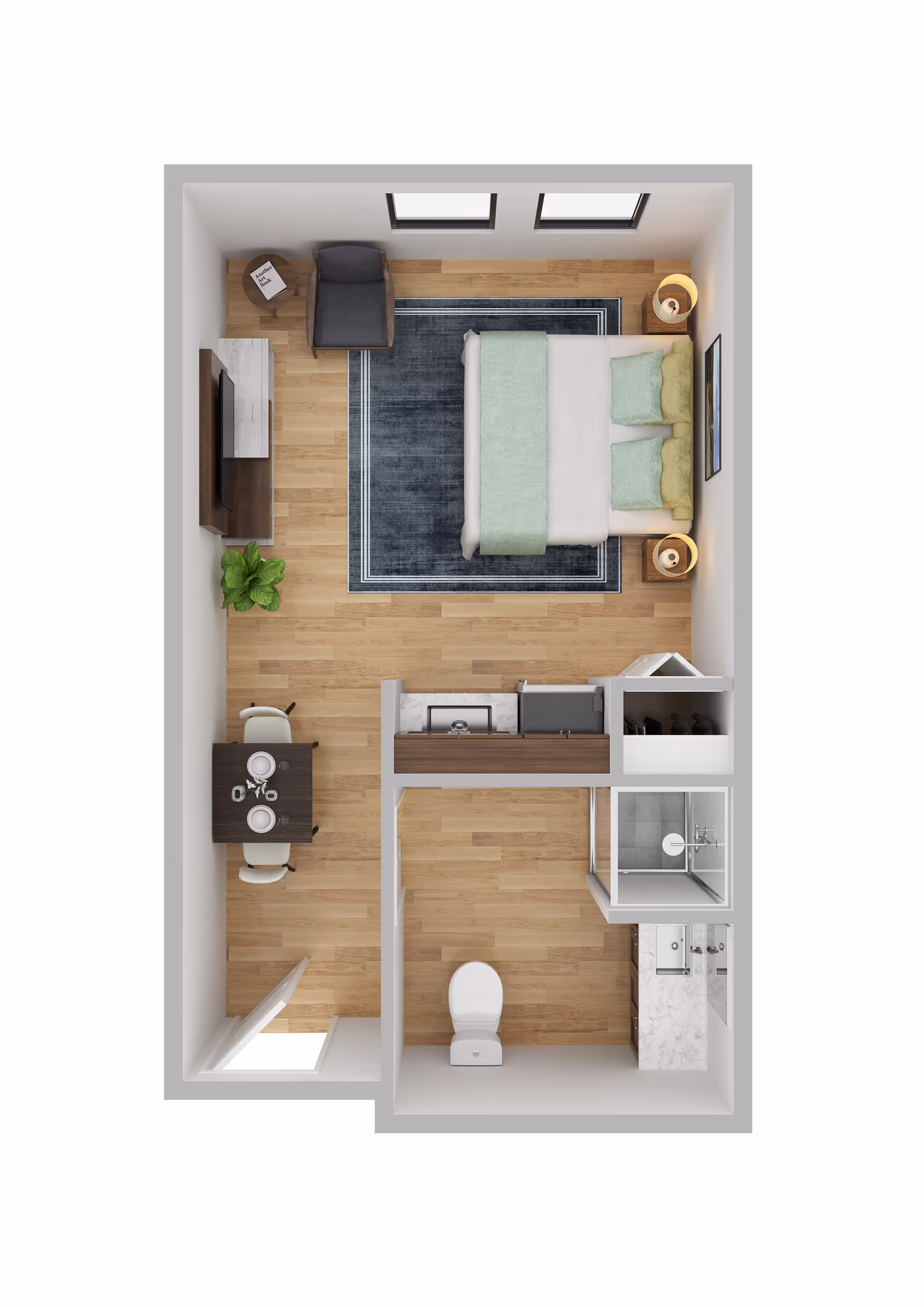 Top-down view of a studio apartment floor plan featuring a bedroom area with a bed, two nightstands with lamps, a chair, a TV on a stand, a small dining table with two chairs, a kitchenette with a sink and stove, and a bathroom with a toilet, sink, and shower.