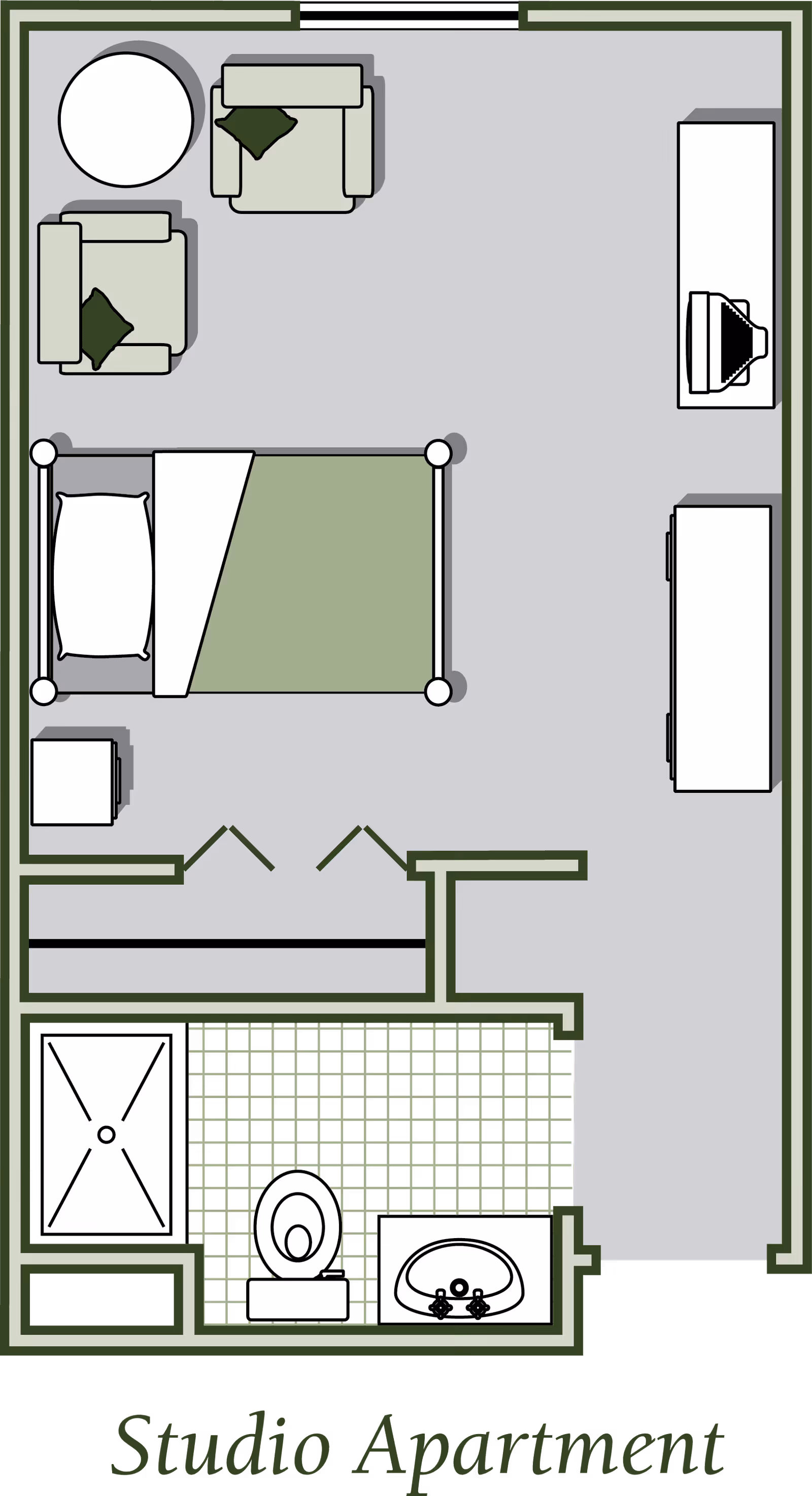 Floor plan of a studio apartment showing a combined living and sleeping area with a bed, two armchairs, a round table, a dresser with a TV, and a small bathroom with a shower, toilet, and sink.