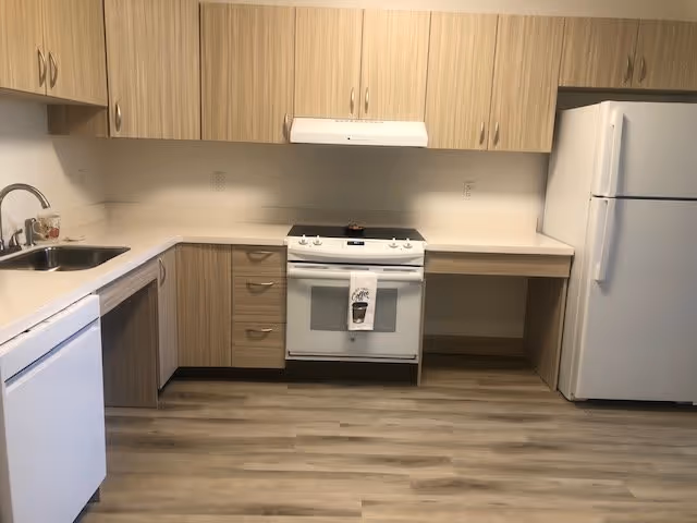 A clean kitchen with light wood cabinets, white countertops, a white stove with a coffee-themed towel hanging on the handle, a white refrigerator, a dishwasher, and a stainless steel sink. The floor is covered with light wood laminate.