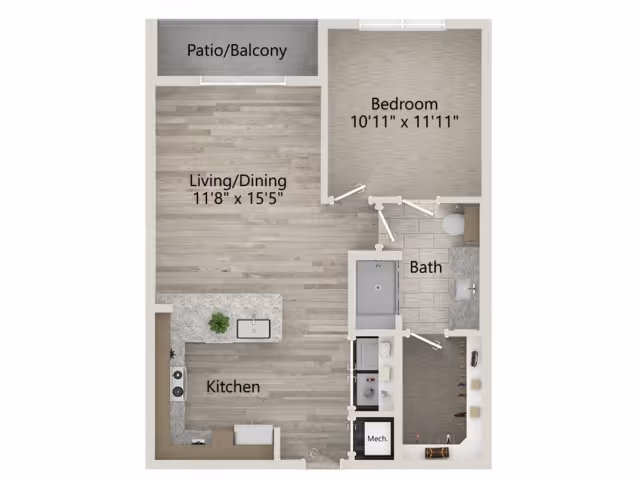 Floor plan of a one-bedroom apartment at Overture Cary showing a kitchen, living/dining area, bedroom, bathroom, mechanical room, and a patio/balcony.