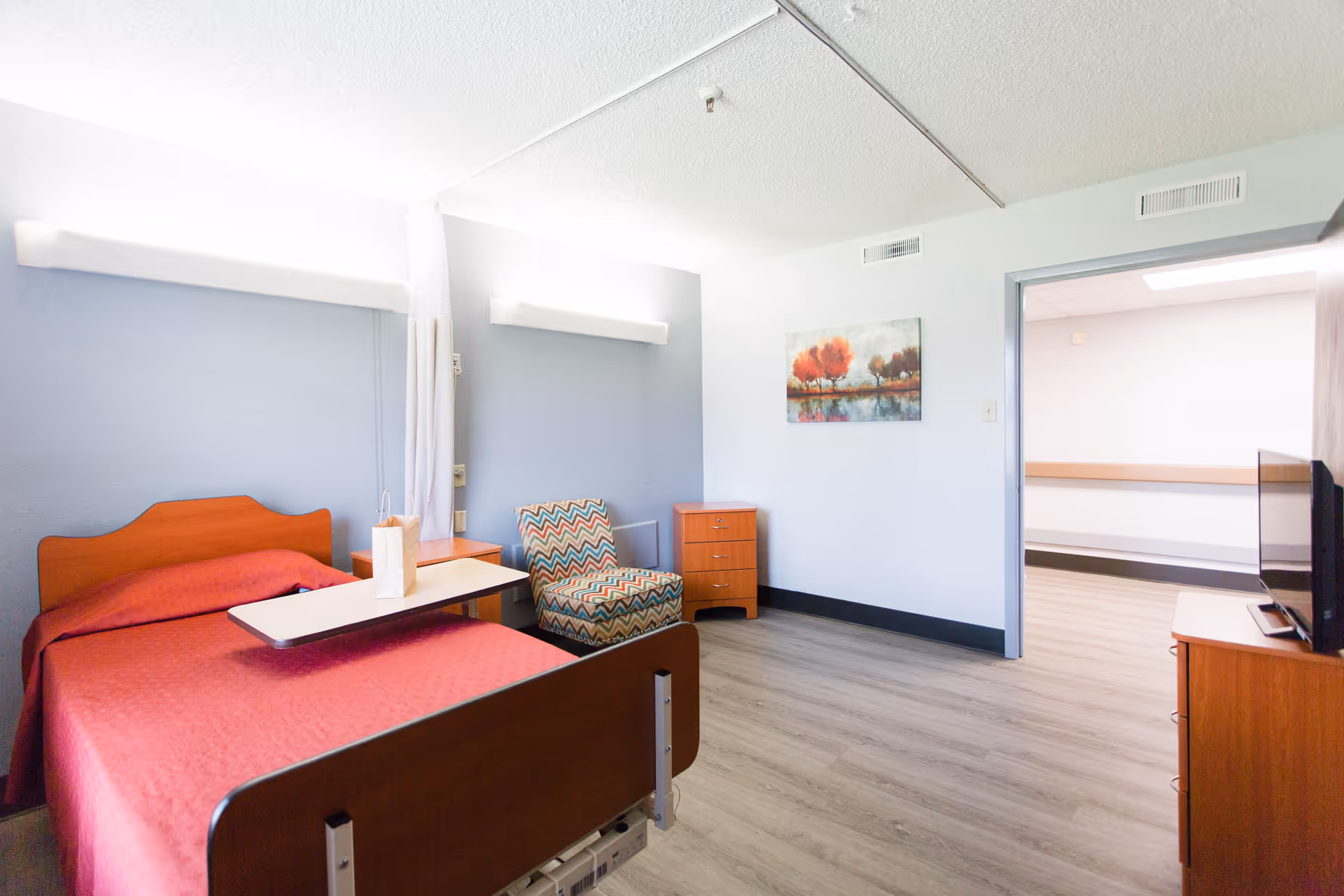 A senior living facility bedroom with a hospital-style bed covered in a red blanket, a small overbed table with a paper bag on it, a patterned armchair, a wooden nightstand, a dresser with a flat-screen TV, and a painting of trees on the wall. The room has light blue walls and wood-look flooring.