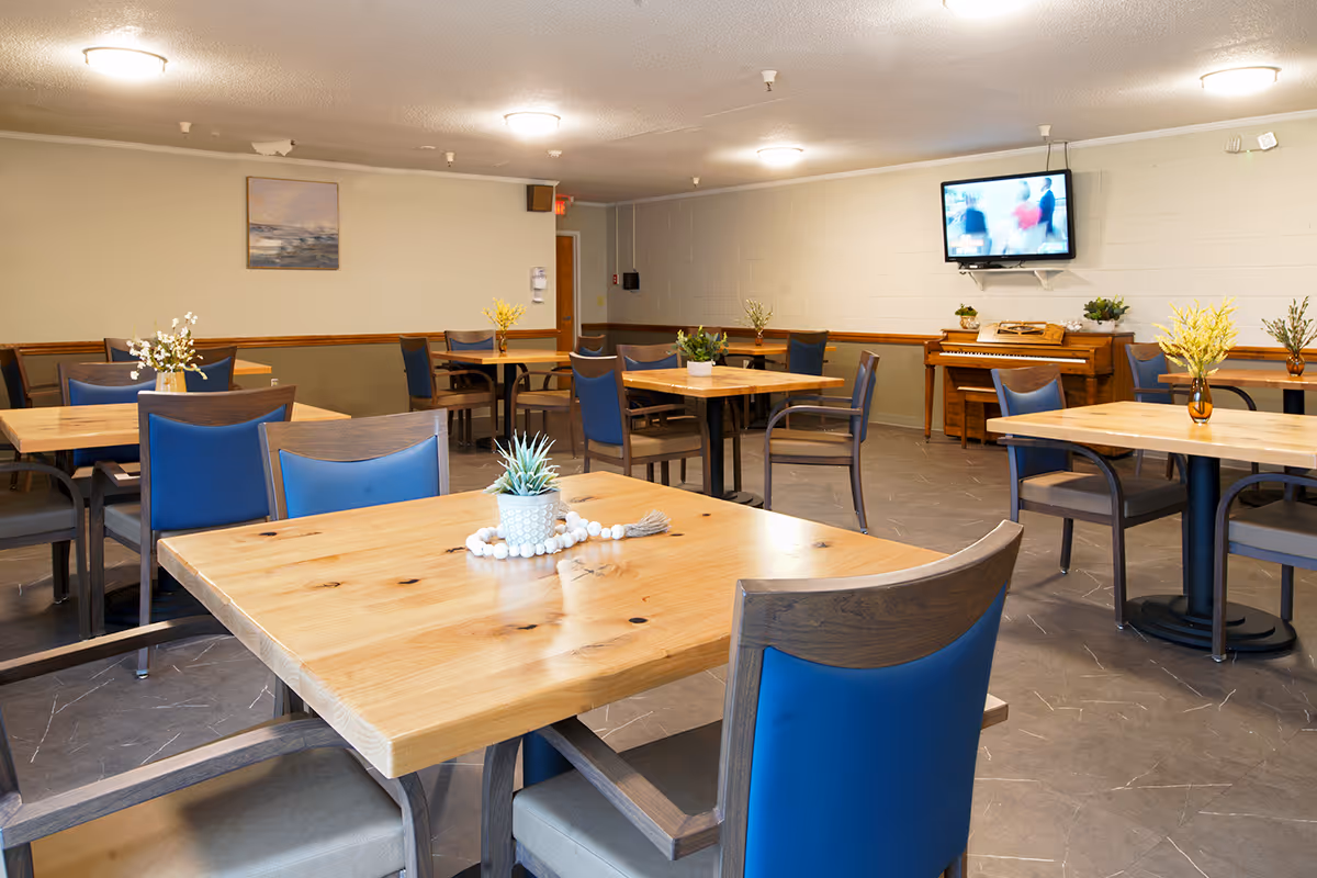 Bright dining room with wooden tables, blue chairs, potted plants, and a wall-mounted TV.
