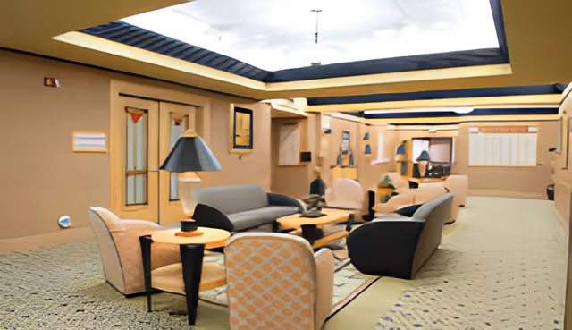 A spacious and well-lit common area with multiple seating arrangements including sofas and armchairs around coffee tables. The room has a patterned carpet, beige walls, and a ceiling with recessed lighting. There are decorative elements such as lamps and framed pictures on the walls.