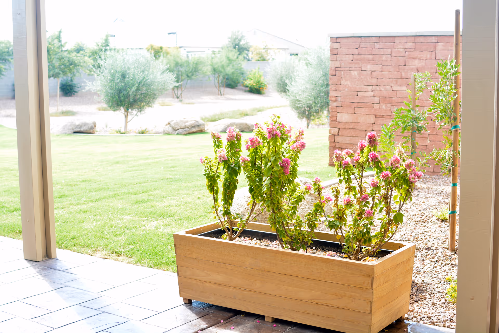 A wooden planter box with green plants and pink flowers placed on a tiled patio. In the background, there is a grassy lawn, small trees, rocks, and a brick wall under a bright sky.
