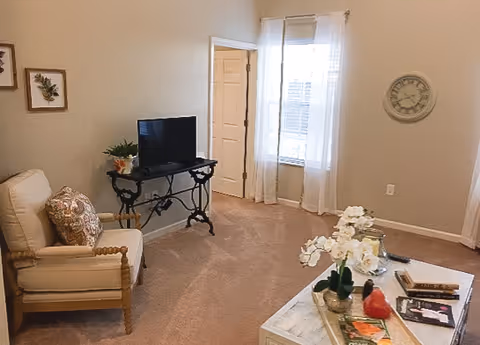 A cozy living room with beige carpet and light-colored walls. There is a cushioned wooden armchair with a patterned pillow on the left, a black metal TV stand with a flat-screen TV and a small plant, a window with sheer white curtains, and a white coffee table with decorative items including a white orchid, books, and a small red bird figurine. A wall clock and framed botanical prints are also visible.