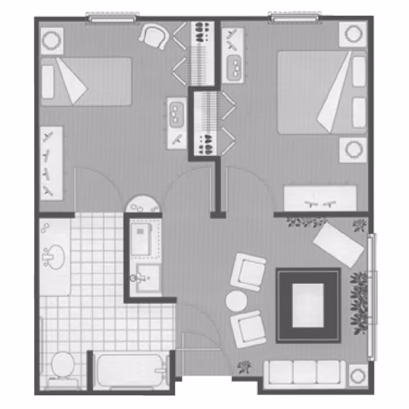Floor plan of a two-bedroom apartment featuring a living room with sofa, chairs, and a table, two bedrooms each with a bed and nightstands, a bathroom with a bathtub, toilet, and sink, and closets between the bedrooms.