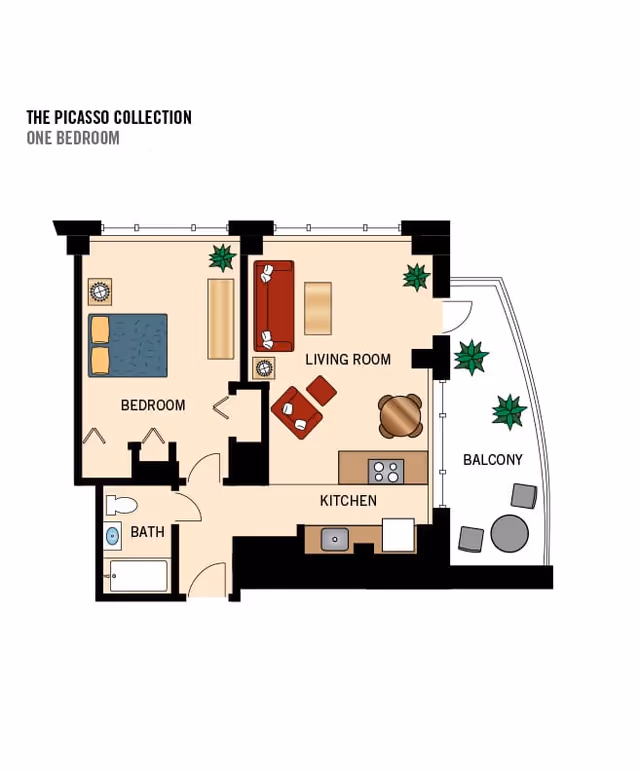 Floor plan of a one-bedroom apartment from The Picasso Collection showing a bedroom with a bed and nightstand, a bathroom with a bathtub and toilet, a living room with a sofa, armchair, and coffee table, a kitchen with appliances and a dining table, and a balcony with outdoor seating and plants.