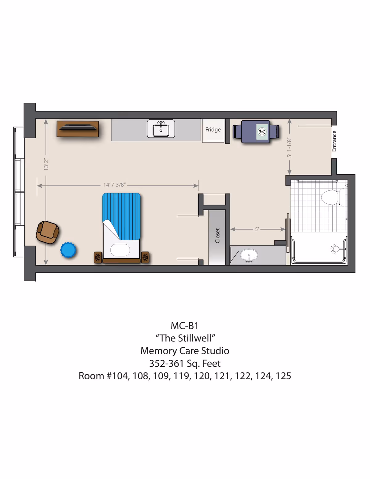 Floor plan of a memory care studio apartment named 'The Stillwell' at The Chelsea at Shrewsbury. The layout includes an entrance leading to a small dining area with a table and two chairs, a kitchenette with a fridge and sink, a living/sleeping area with a bed, two nightstands, a chair, a small round table, and a TV mounted on the wall. There is a closet near the bathroom, which contains a toilet, sink, and shower. Dimensions of the room and various sections are marked.