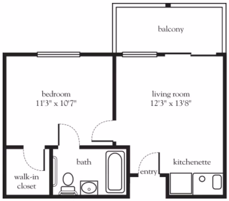 Floor plan of a one-bedroom apartment at Atria Hillcrest showing a bedroom with walk-in closet, bathroom, living room with balcony, kitchenette, and entry area with dimensions.