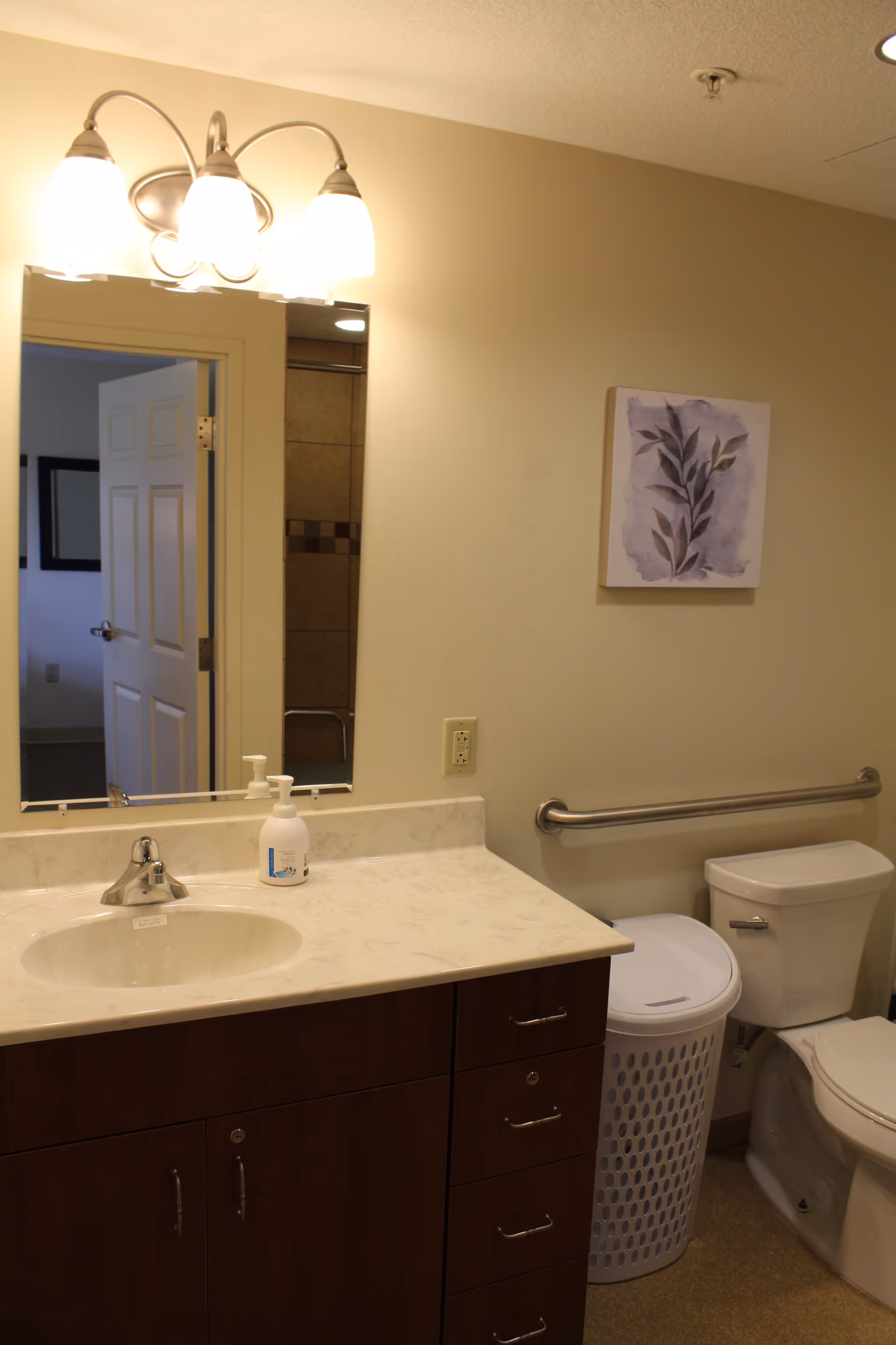 Bathroom with a sink vanity and mirror, light fixture, toilet with a grab bar and a laundry basket, and wall art.