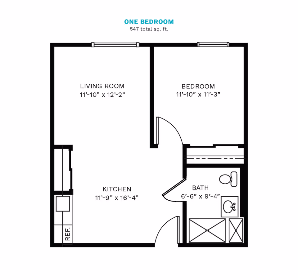 Floor plan of a one-bedroom apartment at Point Pleasant, showing a living room, bedroom, kitchen, and bathroom with dimensions and layout details.