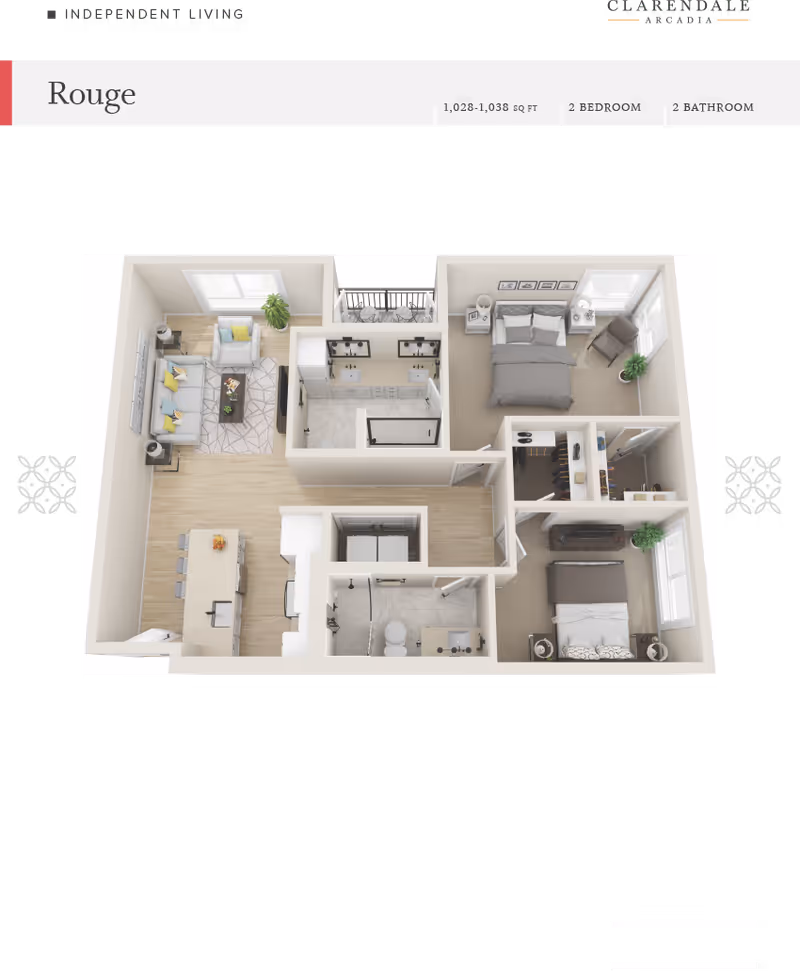 3D floor plan rendering of a two-bedroom, two-bathroom apartment with living room, kitchen, and balcony.